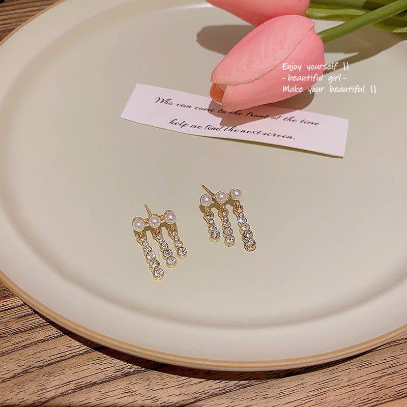 Women's Needle Pearl Tassel Rhinestone Design Advanced Earrings