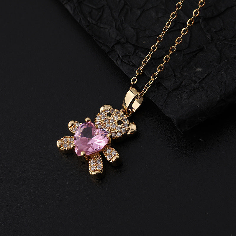 Copper Micro Inlaid Zircon Ornament Cute Heart Bear Pendant Necklaces