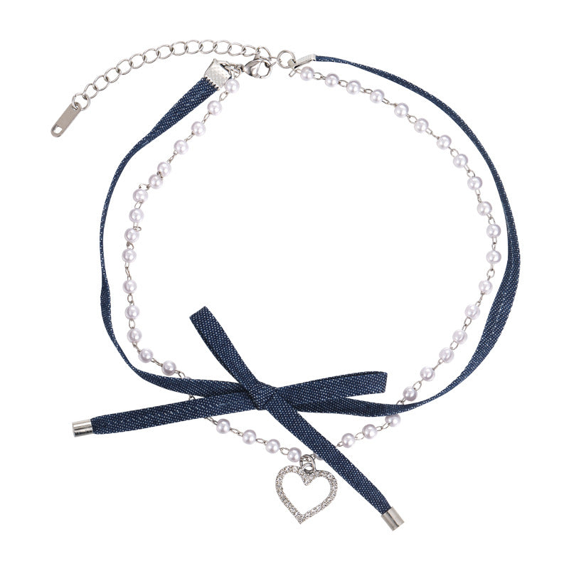 Women's Love Heart Bow Tie Denim Double Layer Pure Necklaces