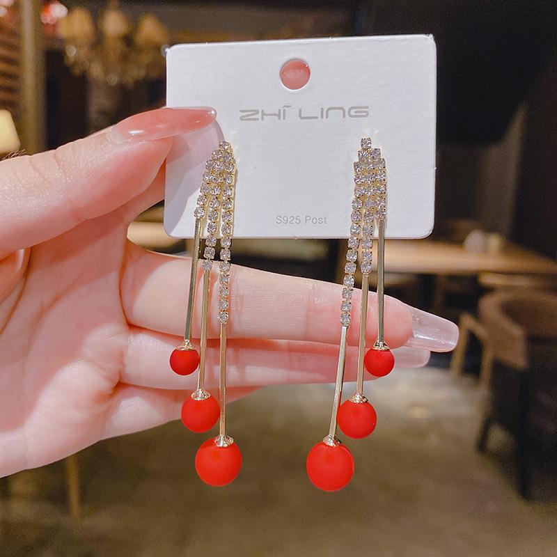 Needle Red Pearl Tassel Eardrops Female Earrings
