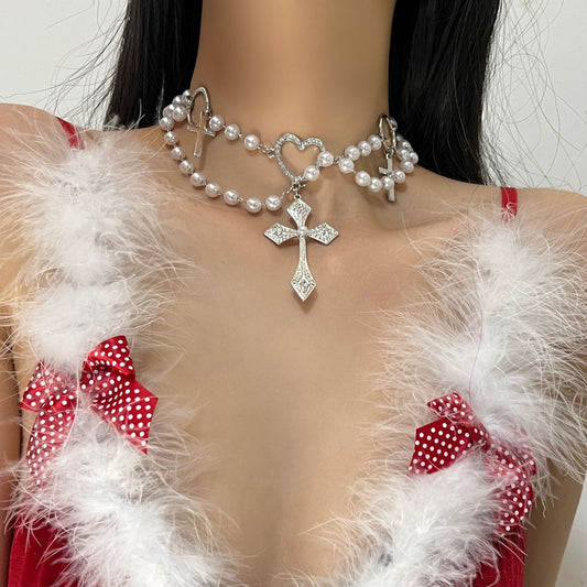 Women's Ya Twin Stringed Pearls Cross Clavicle Necklaces