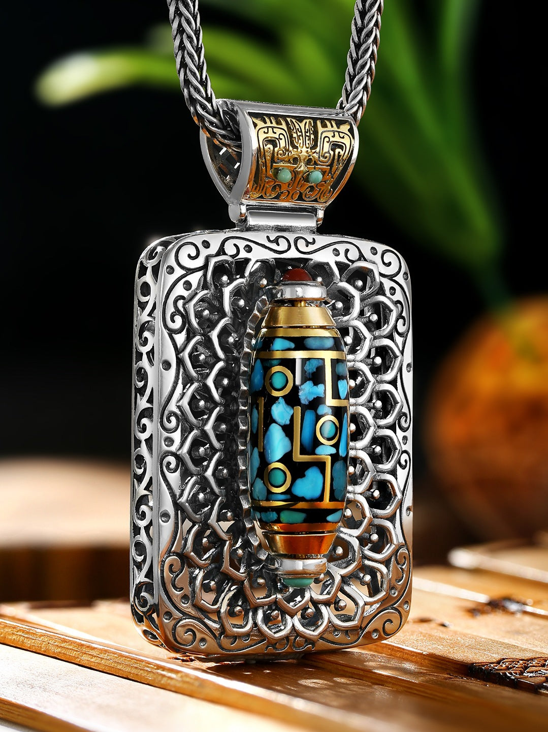 Damen & Herren & Dynasty Natürliche Türkis Rotierende Tibet Perlen Sterling Silber Anhänger Halsketten