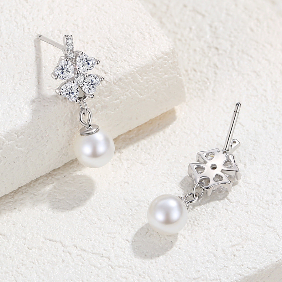 Women's Sier Full Diamond Four Leaf Clover Ear Fashion Earrings