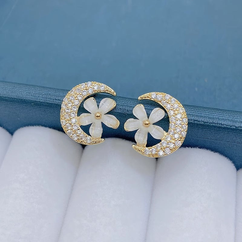 Boucles d'oreilles en diamant, fleur de lune, opale d'argent, douces
