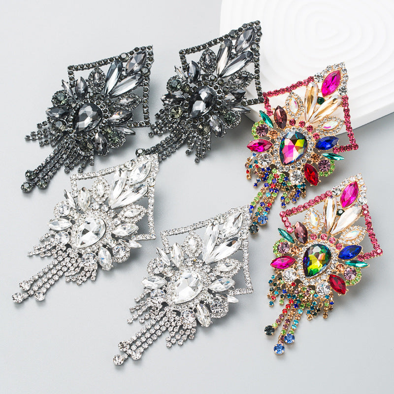 Women's Flash Alloy Colorful Crystals Long Fringe Luxury Earrings
