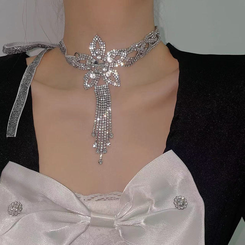 Women's Sparkling Full Rhinestone High-grade Fashionable Adjustable Flower Tassel Necklaces