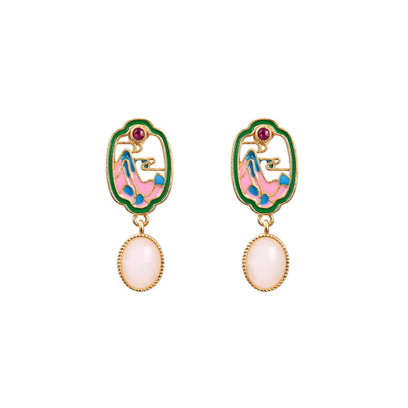 Style Enamel Imitation Jade Niche Design Earrings