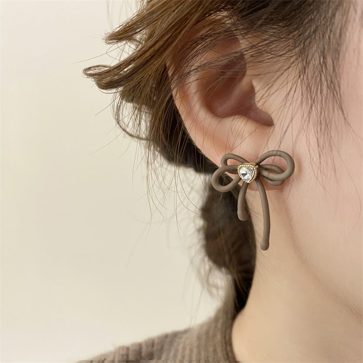 Sense Brown Bow Loving Heart Zircon Earrings