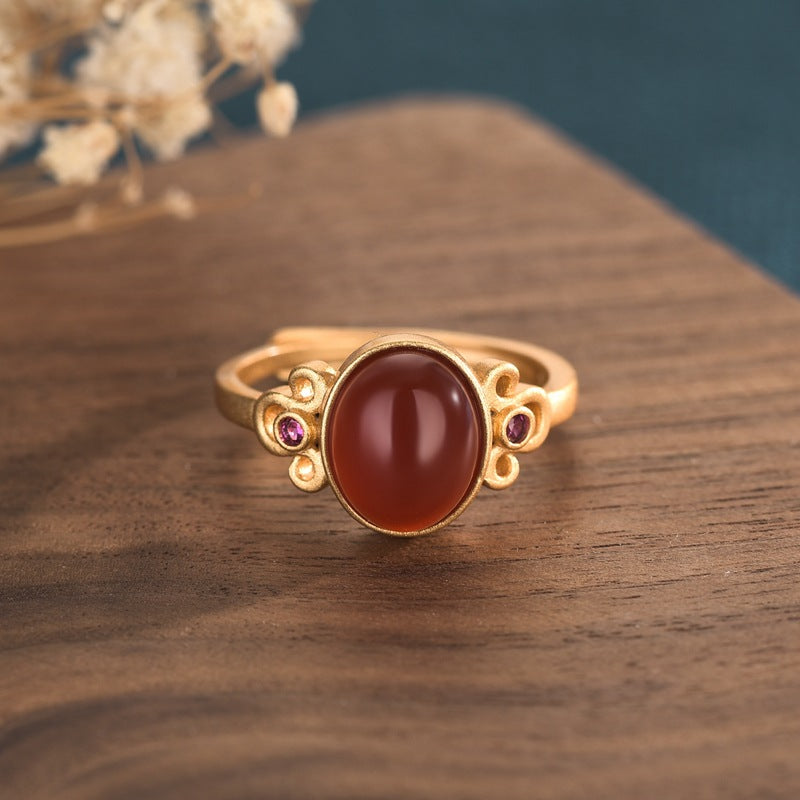Ancient Gold Inlaid Red Agate Temperament Rings