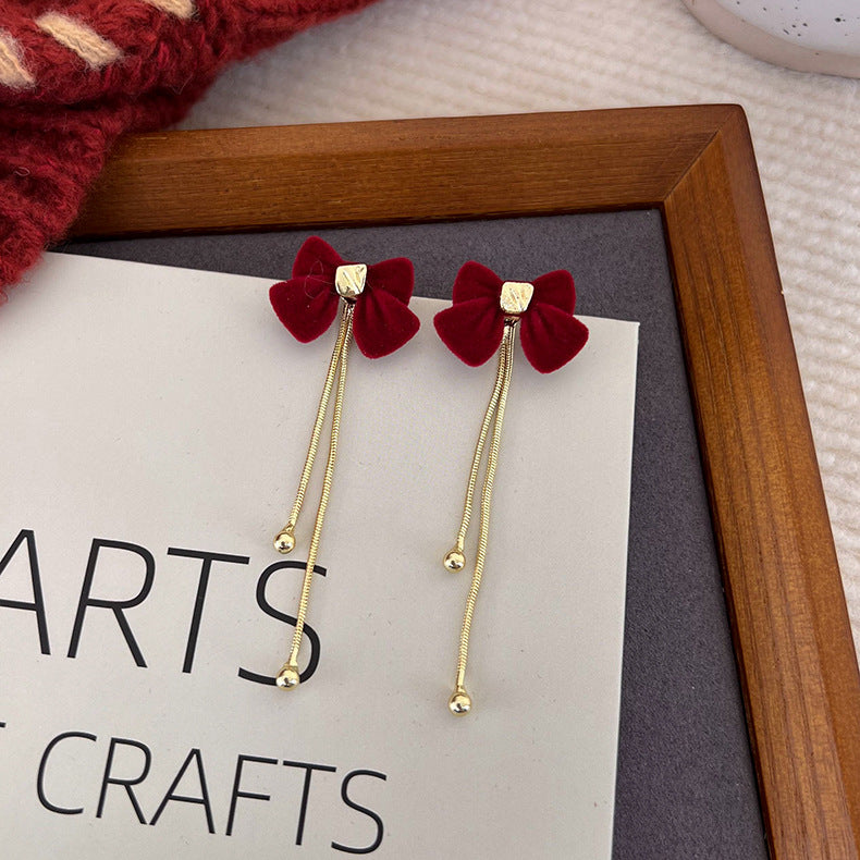 Flocking Temperament Style Flower Bow Tie Tassel Earrings