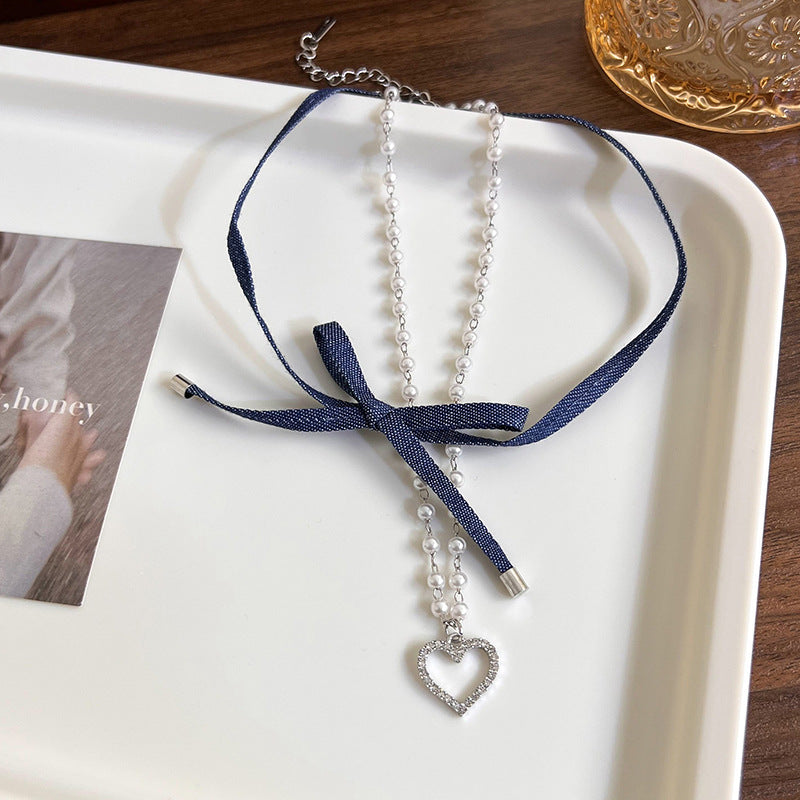 Women's Love Heart Bow Tie Denim Double Layer Pure Necklaces