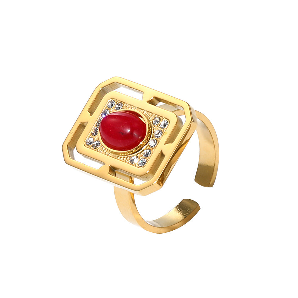 Women's Red Zircon Gold-plated Stainless Steel Combination Rings
