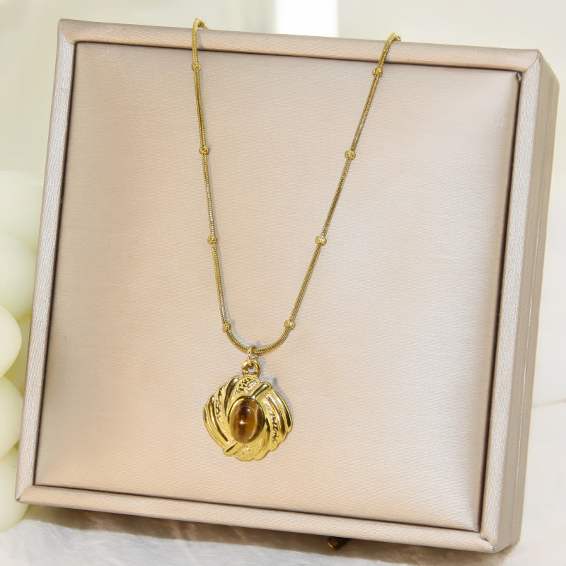 Women's Tigereye Round Titanium Steel Style Clavicle Chain Personalized Minority Design Pendants