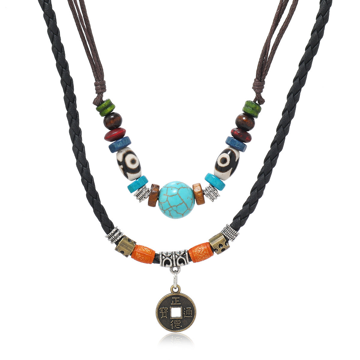Colliers en cuir tissé de perles turquoise de style rétro pour hommes