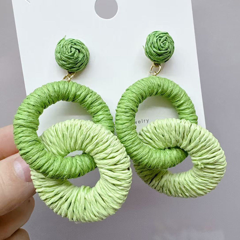 Straw Round Double Design Ethnic Style Graceful Fashionable Island Vacation Earrings