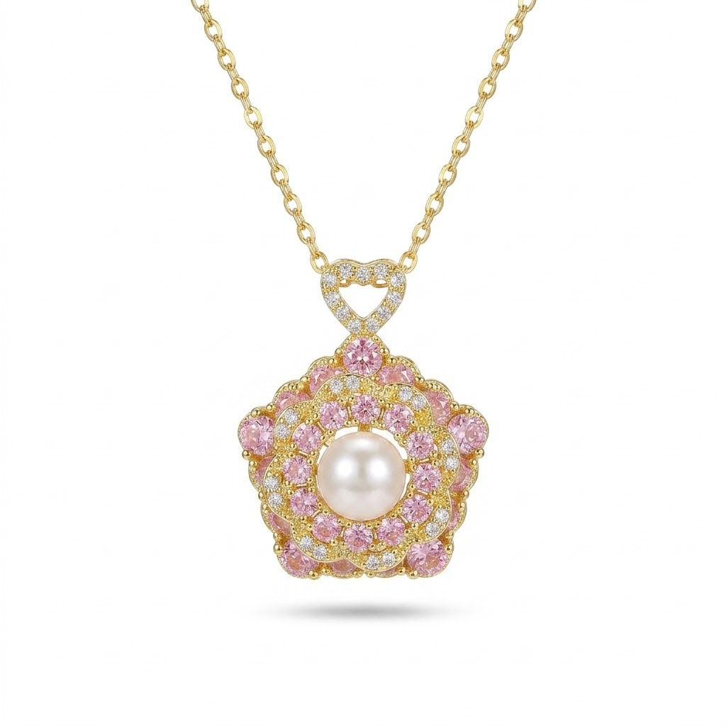 Female Pink Flower Zircon Niche Design Temperament Necklace