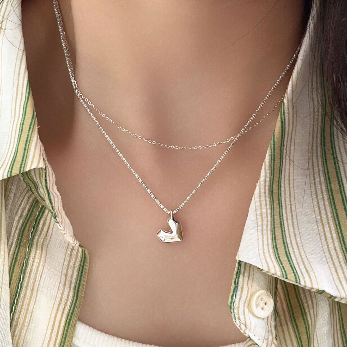 Women's Sterling Chain Simple Three-dimensional Heart Shape Clavicle Necklaces
