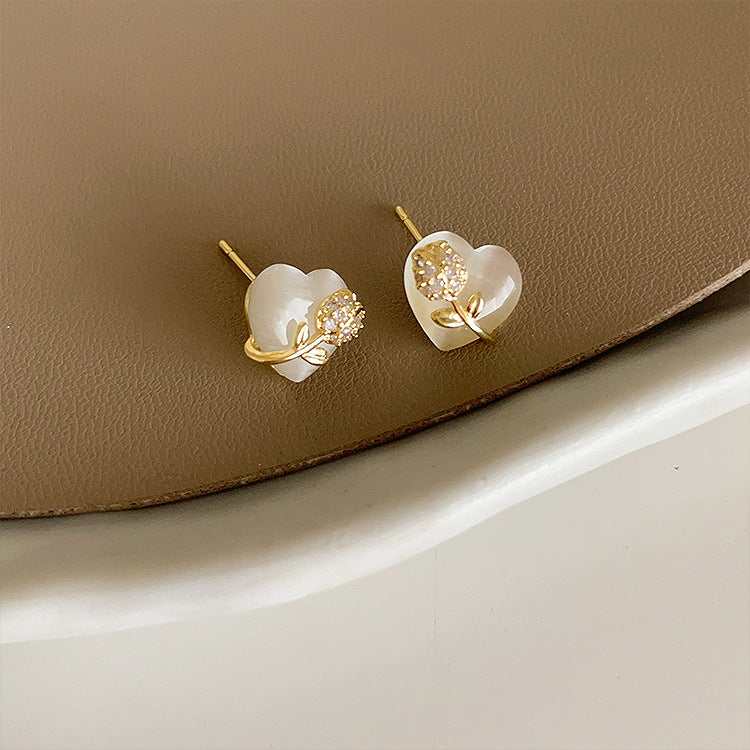 Zircon Flower Opal Love Heart Female Niche Design Simple Earrings