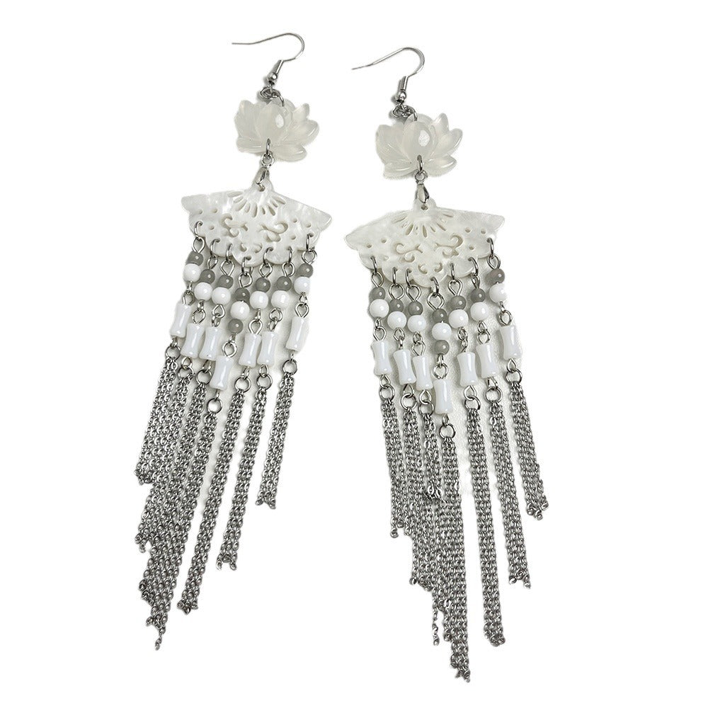 Women's Style Natural Lotus Jade Hollow Out Fan Beaded Tassel Ancient Earrings