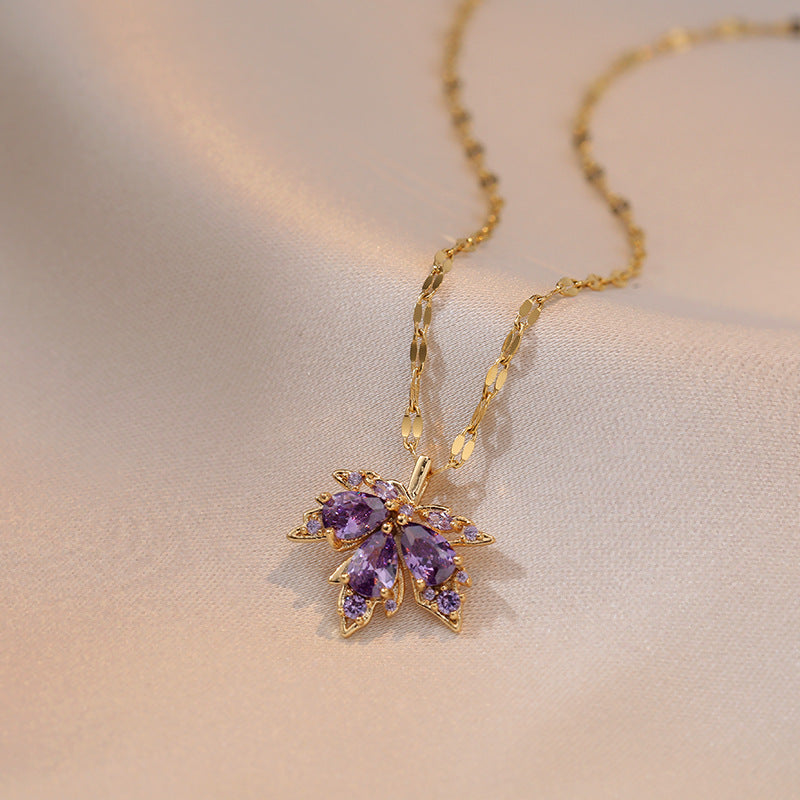 Colliers simples en acier et Zircon pour femmes, feuille d'érable, à la mode