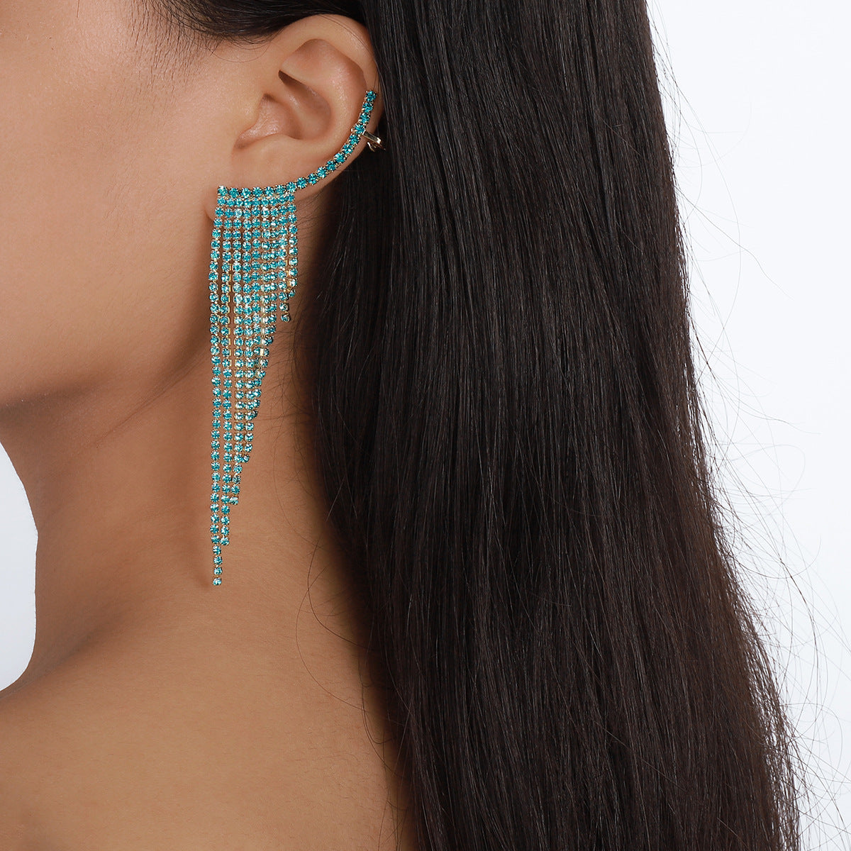 Tassel Rhinestone Auricular Needle Geometric Banquet Earrings