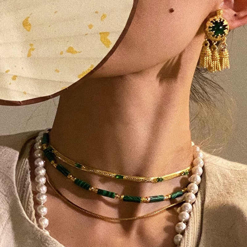 Colliers doubles en plaqué or pour femmes, niche exquise, incrustés de pierres précieuses, mode rétro en détresse