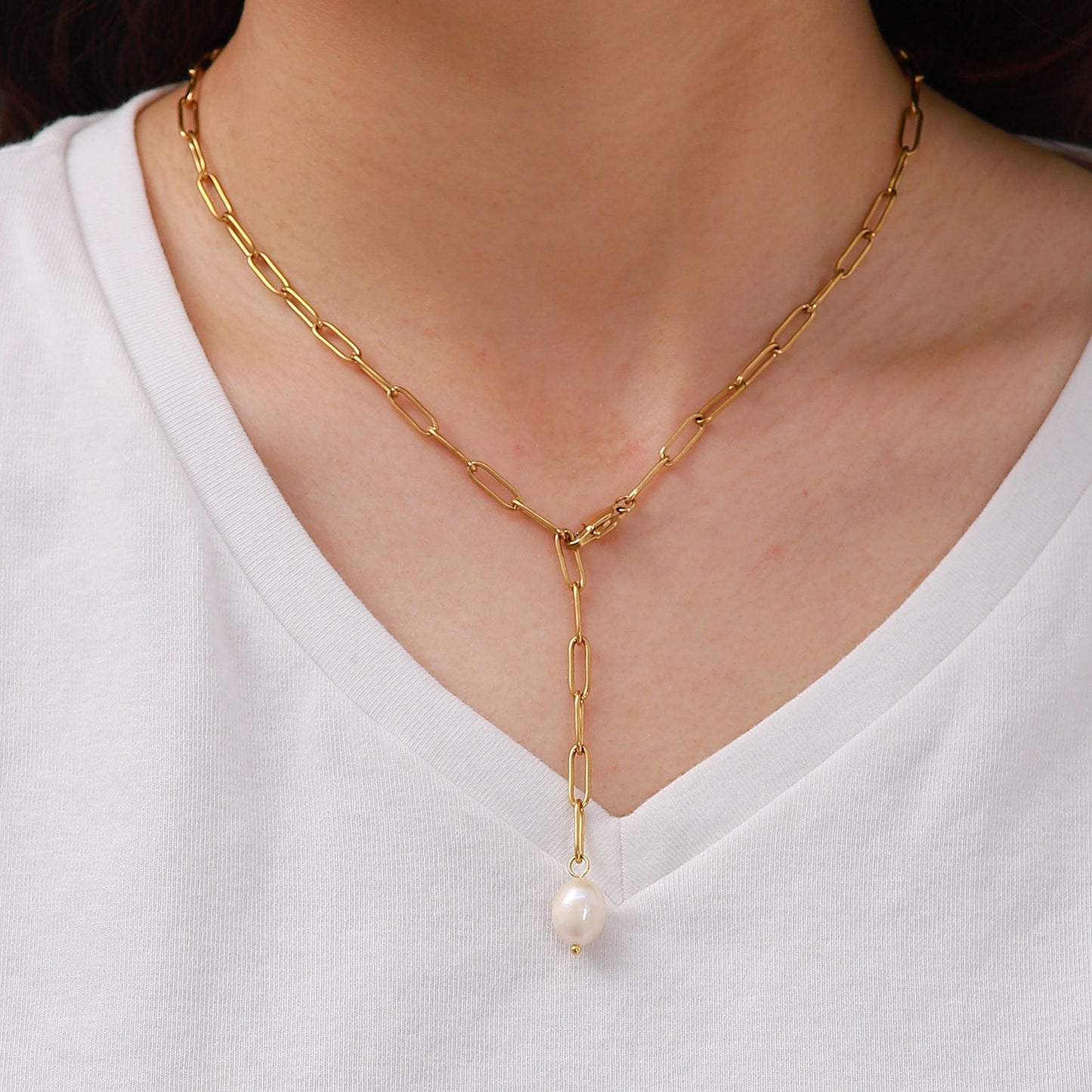 Women's Stainless Steel Clip Chain Pearl Y-shaped Necklaces