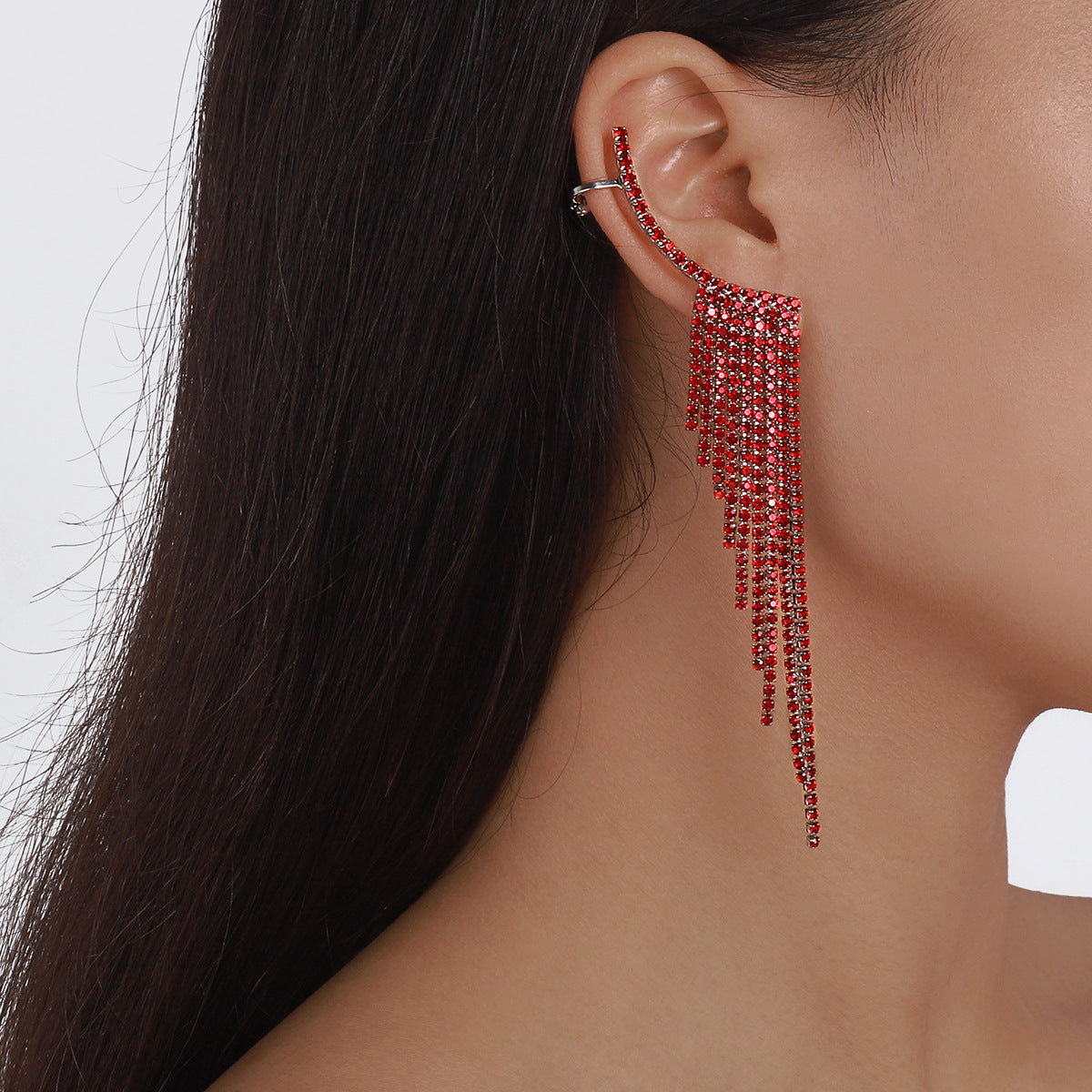 Tassel Rhinestone Auricular Needle Geometric Banquet Earrings