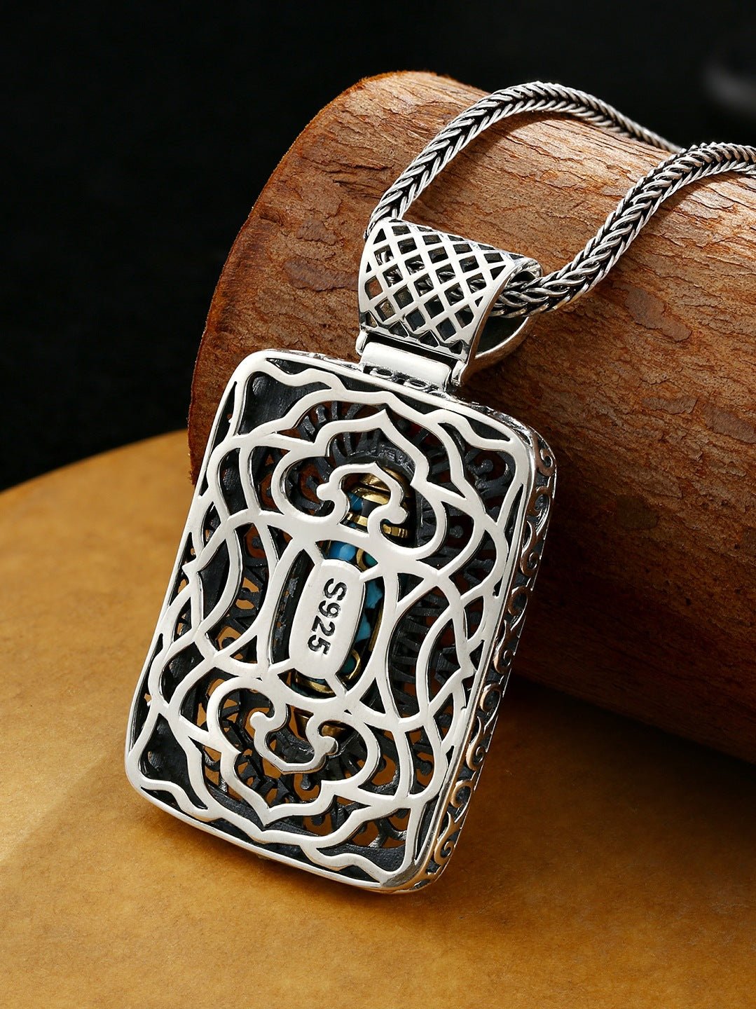 Damen & Herren & Dynasty Natürliche Türkis Rotierende Tibet Perlen Sterling Silber Anhänger Halsketten