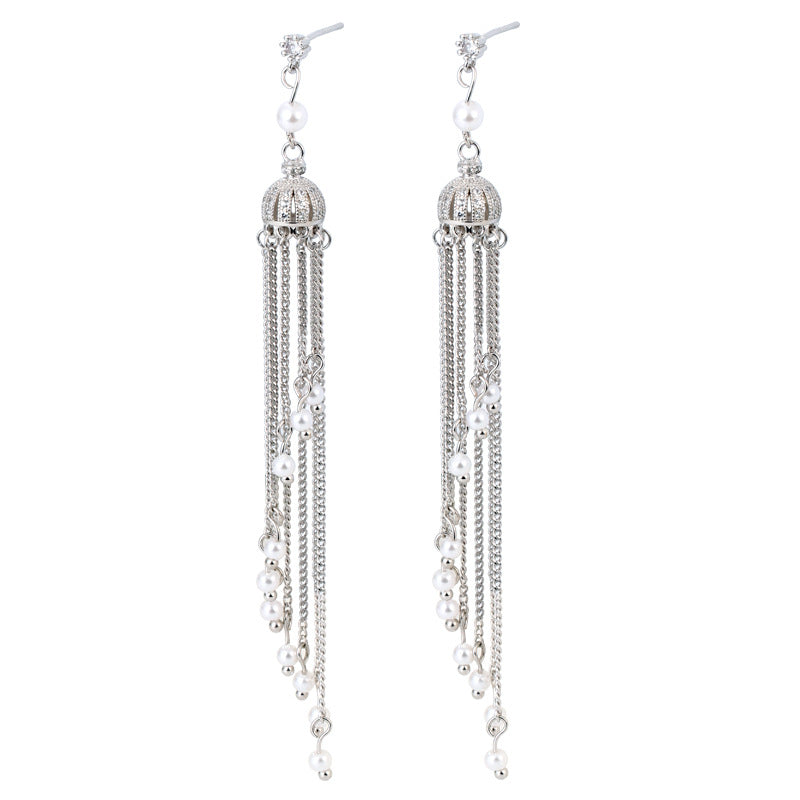 Women's Needle Pearl Crown Design High-grade Long Earrings