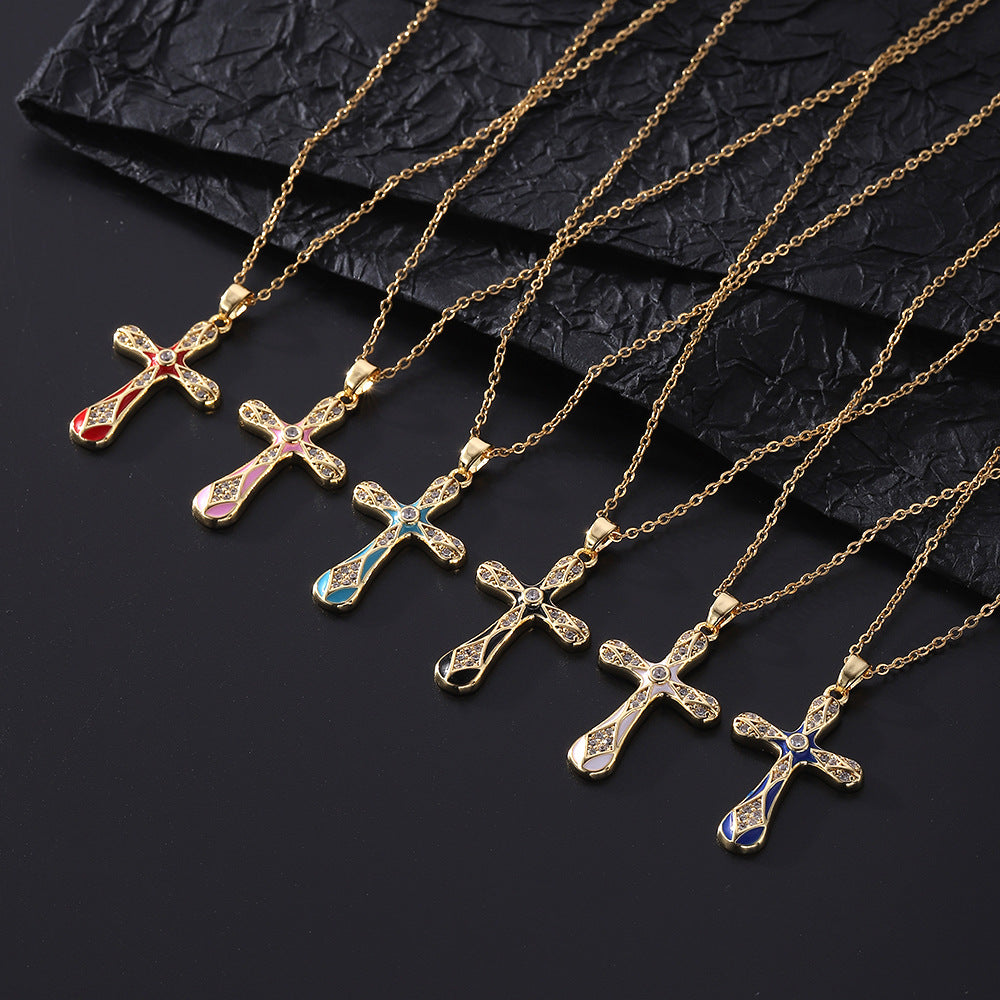 Dripping Zircon Cross Pendant Temperament Wild Micro Inlaid Gold Necklaces