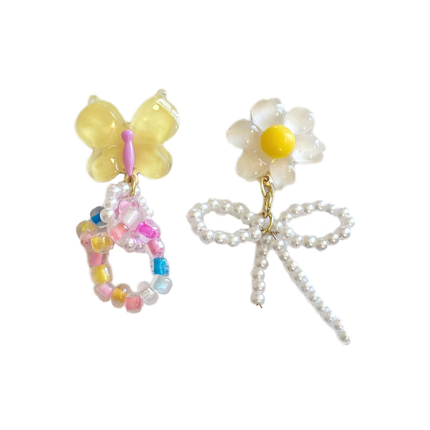 Beaded Flower Yellow Butterfly Asymmetric Design Sense Mosquito Ear Clip