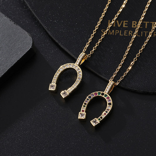 Design Horseshoe Color Zircon Pendant Copper Micro Inlaid Gold-plated Necklaces