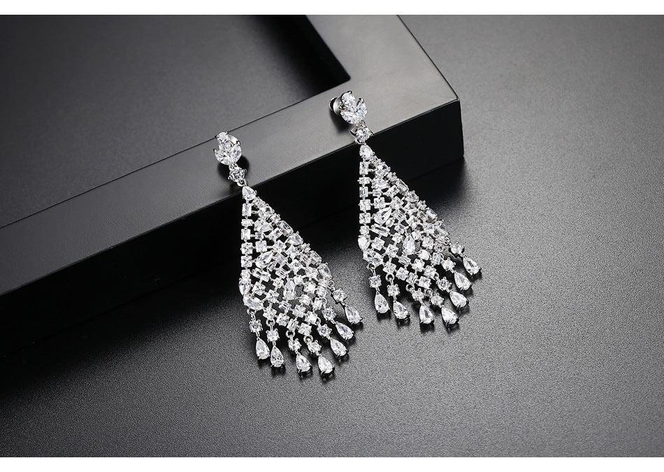Women's Zircon Bridal Female Water Drop Exaggerated Tassel Earrings