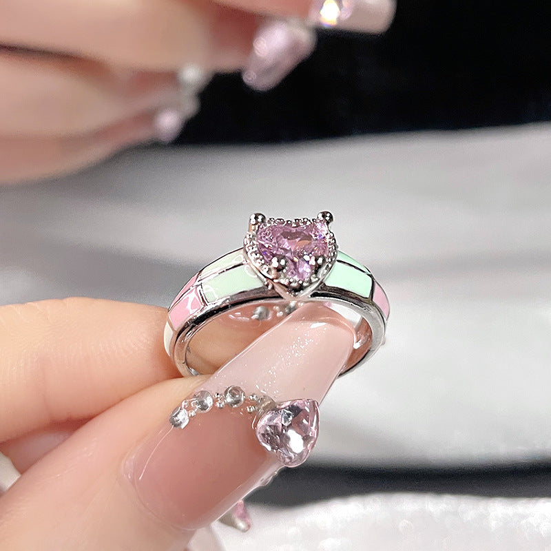 Heart Chessboard Niche Design Color Enamel Rings