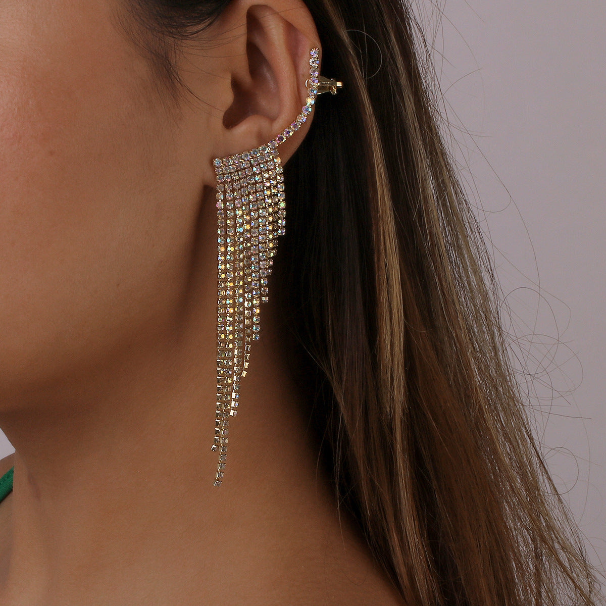 Tassel Rhinestone Auricular Needle Geometric Banquet Earrings