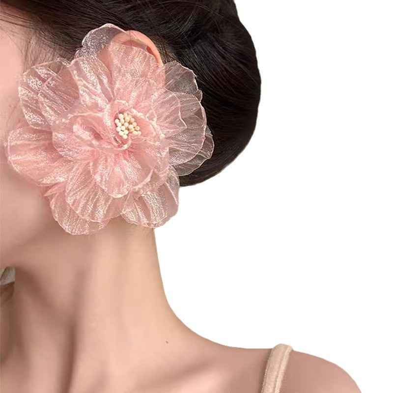 Super Fairy Tulle Crystal Flowers Simple Fresh Design Earrings