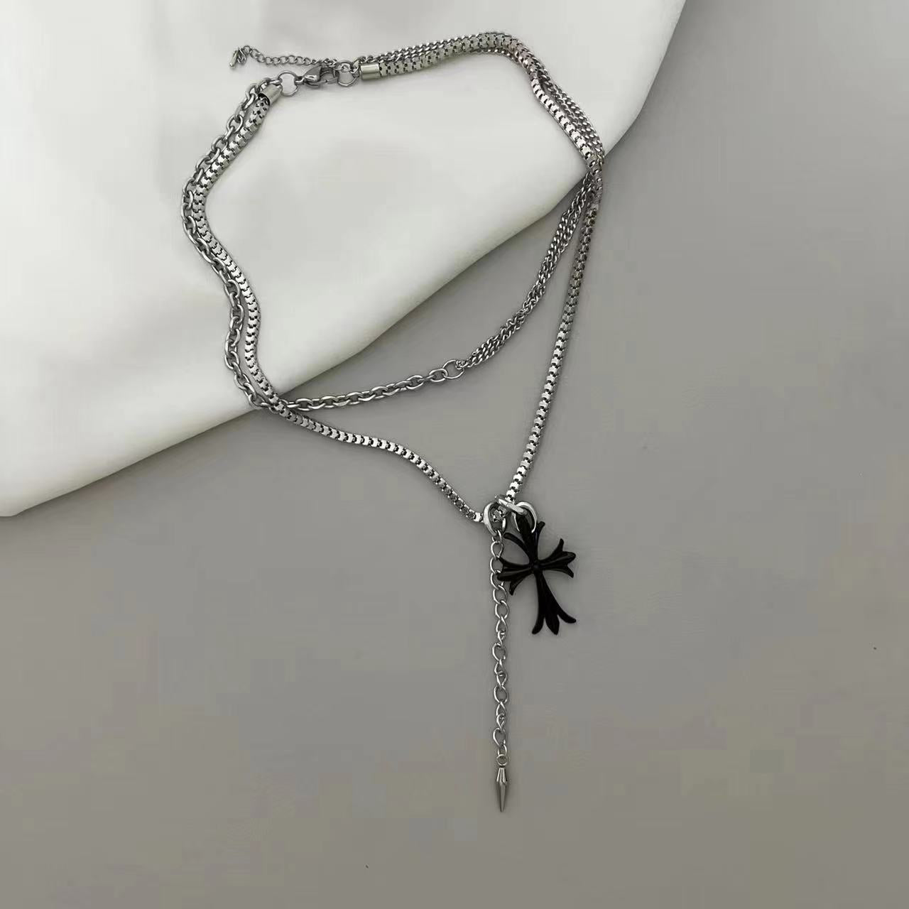 Cool Black Peach Heart Cross Double Layer Female Personality Necklaces
