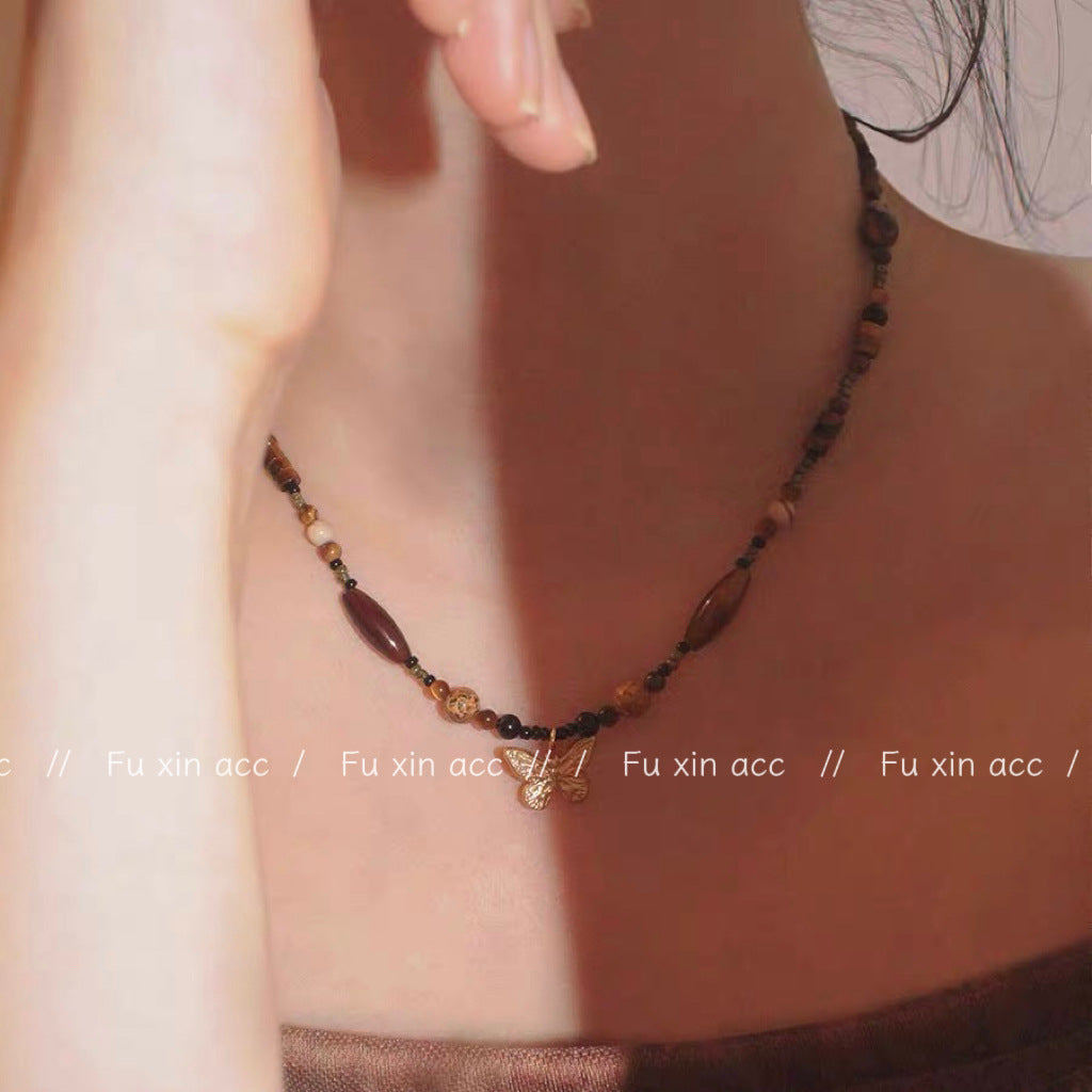 Colliers de clavicule en Agate perlée en œil de tigre naturel marron chinois pour femmes