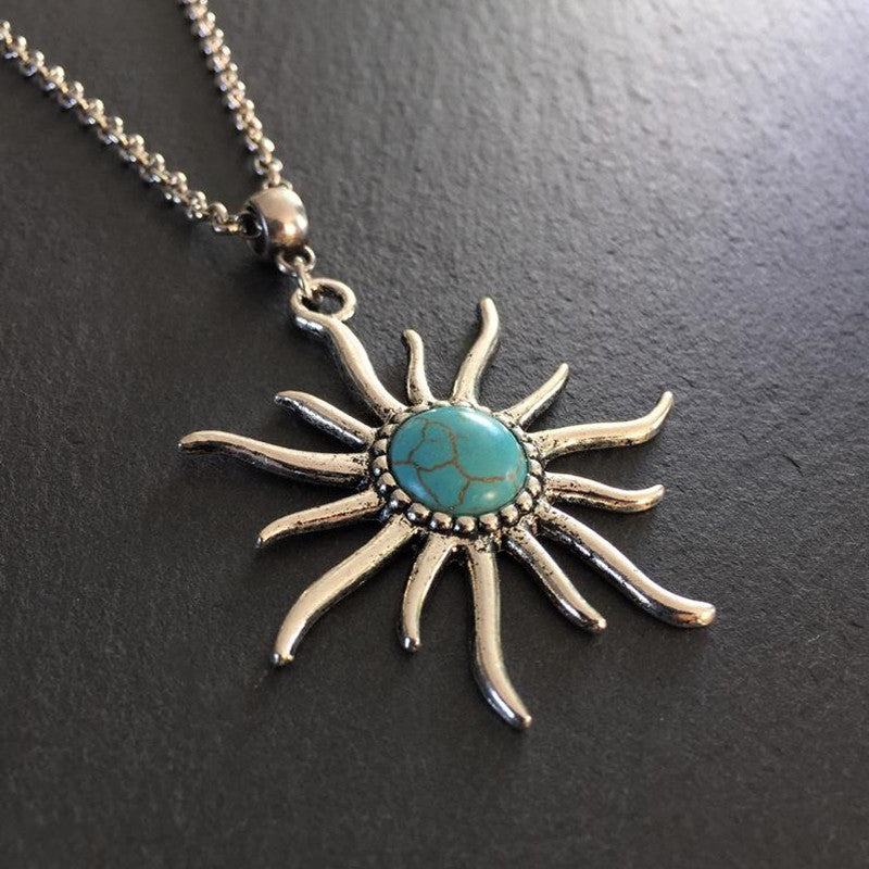 Boho Soleil Pendentif Tournesol Craquelé Turquoise Colliers