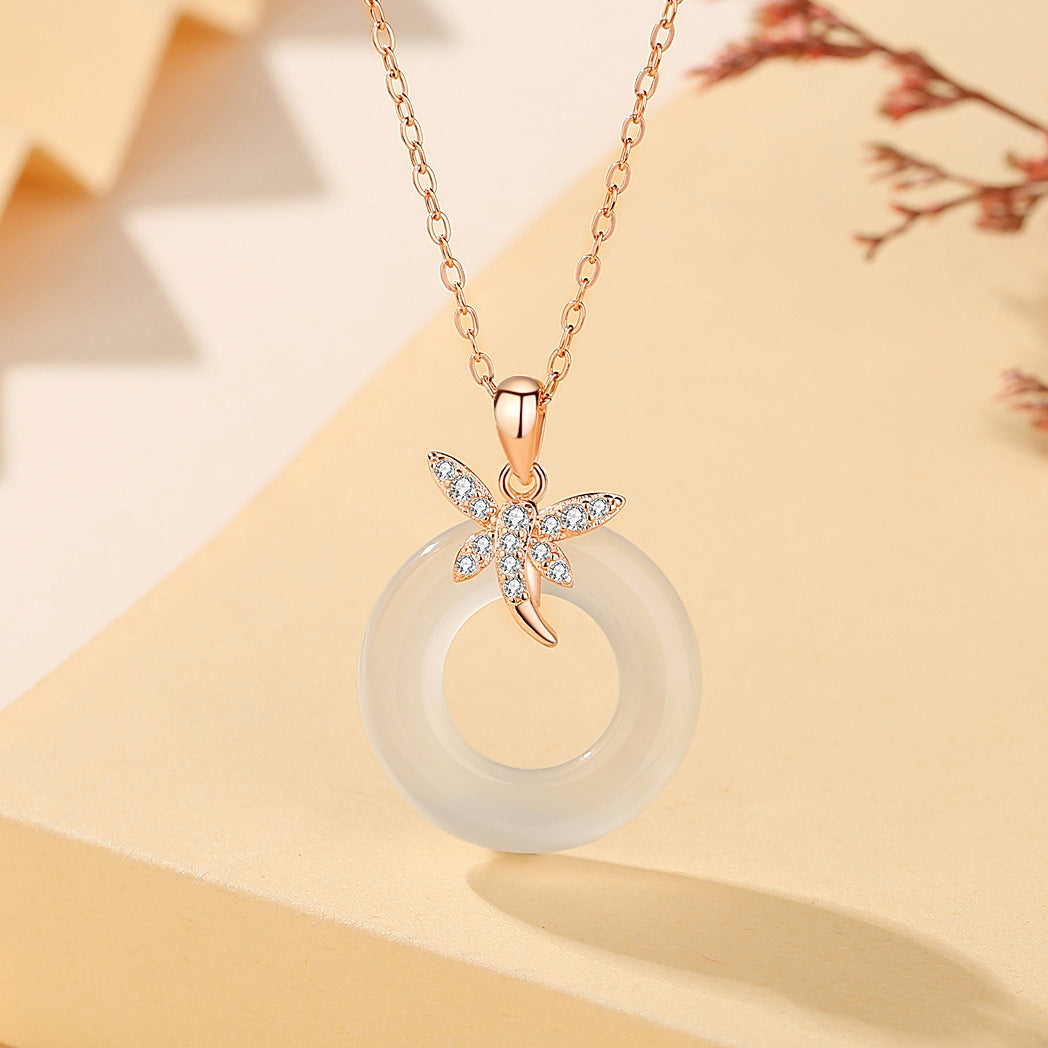 Women's Sier White Jade Peace Buckle National Fashion Chinese Butterfly Necklaces