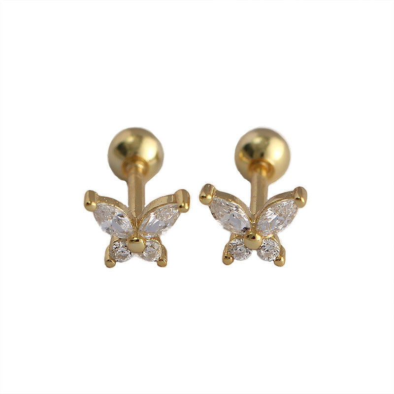Women's Sier Super Flash Butterfly Zircon Screw Earrings