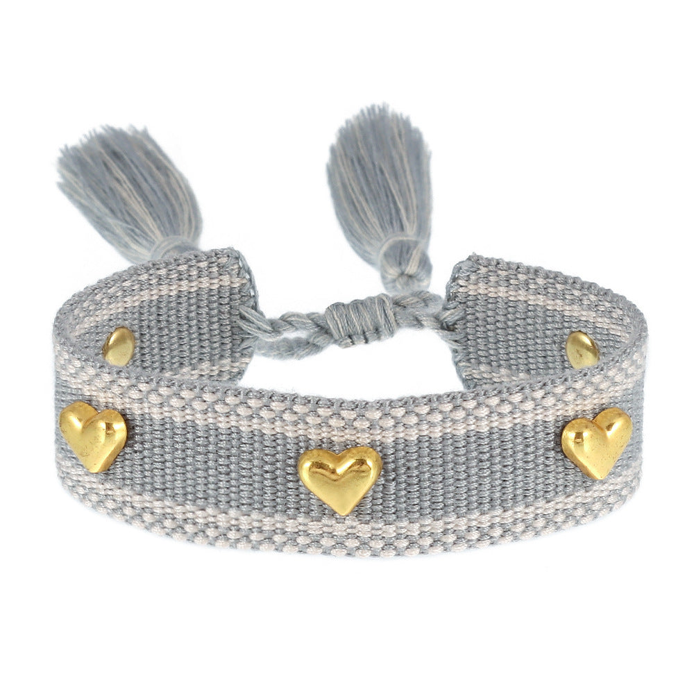 Couple Golden Heart-shaped Carrying Strap Hand-woven Tassel Bracelets