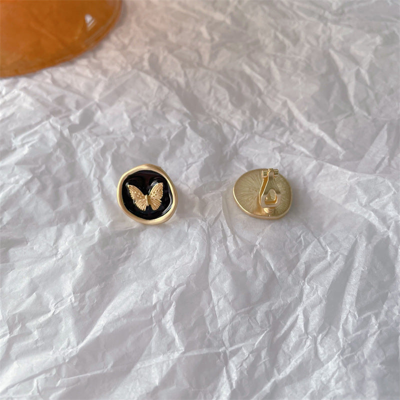 French Retro Butterfly Matte Black Drip Ear Clip Classic Style Rings