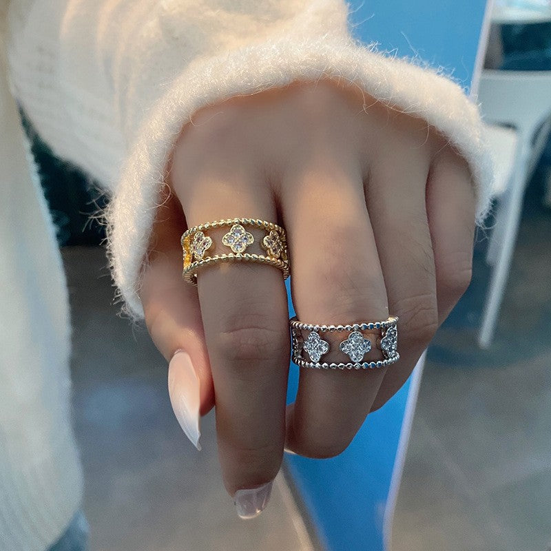 Retro Fashion Micro Inlaid Zircon Four-leaf Clover Temperament Rings