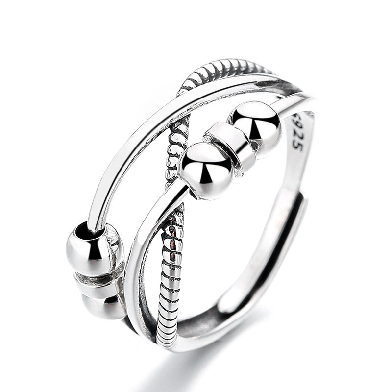 Sier Fashion Simple Retro Cross Niche Smart Round Beads Rings