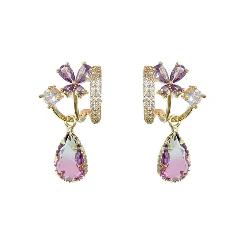 Sier Needle Purple Zircon Water Drops Earrings