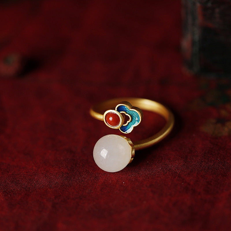Vergoldete natürliche Jade-Emaille-Ringe für Damen im antiken Stil