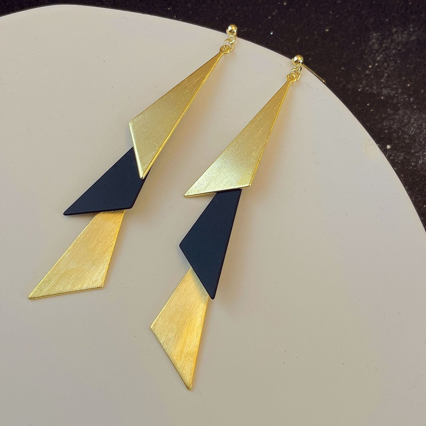 Women's Style Gold Brushed Black Triangle Elegant Earrings