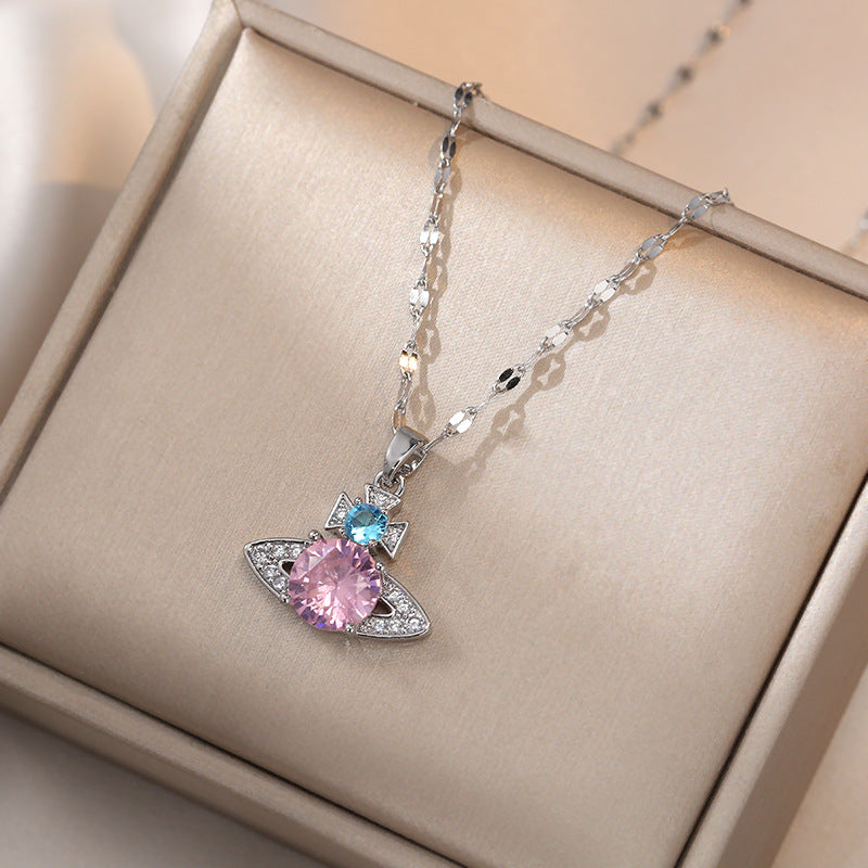 Saturn Light Luxury Colorful Crystals Zircon Tears Drop Pendant Necklaces